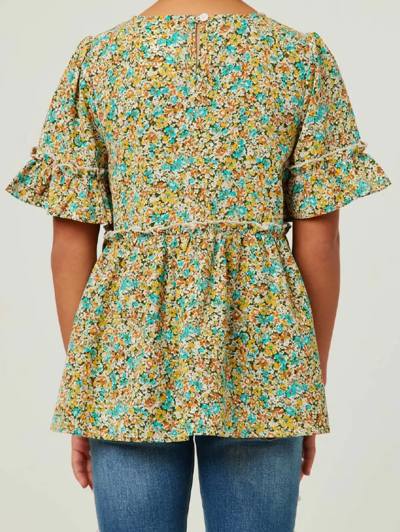Girls Crinkle Floral Ruffle Sleeve Top