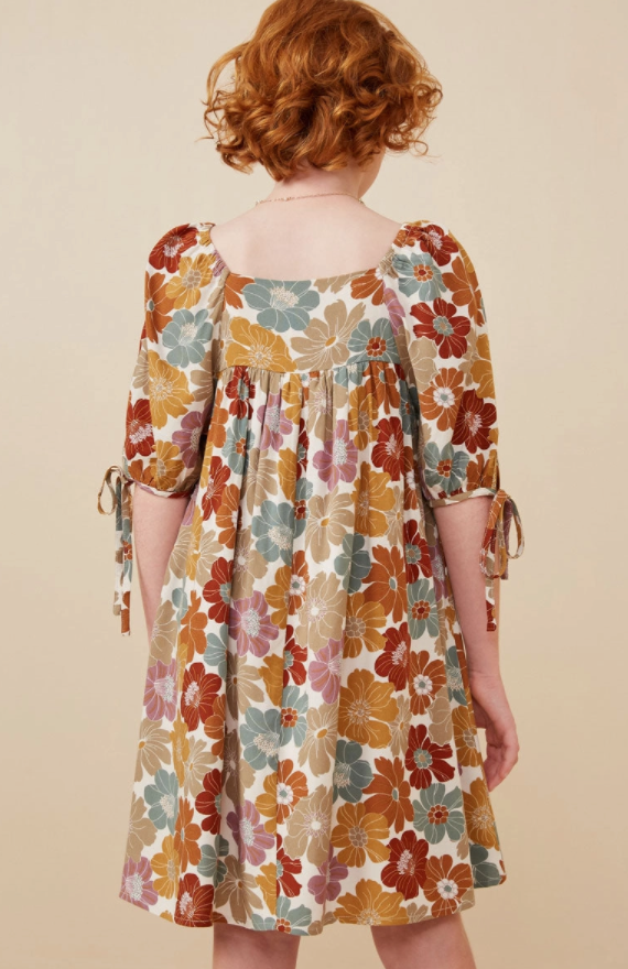 Girls Earthy Floral Square Neck Tie Sleeve Dress