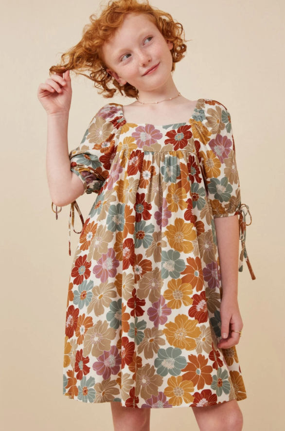 Girls Earthy Floral Square Neck Tie Sleeve Dress