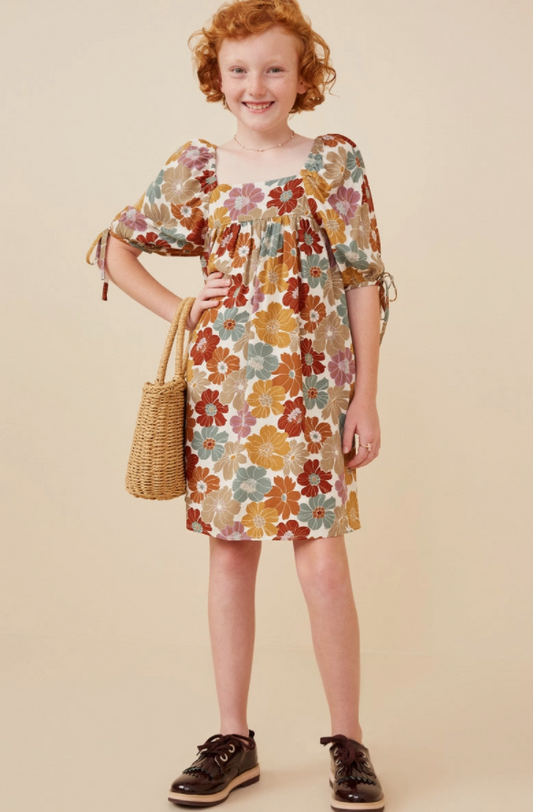 Girls Earthy Floral Square Neck Tie Sleeve Dress