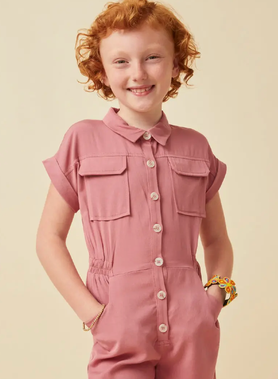 Girls Elastic Detail Button Up Collared Romper