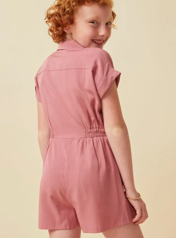Girls Elastic Detail Button Up Collared Romper