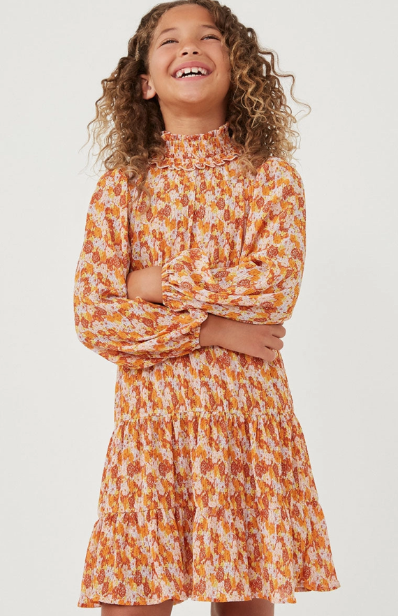 Girls Floral Print Smocked Detail Puff Sleeve Dress