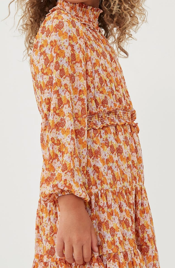 Girls Floral Print Smocked Detail Puff Sleeve Dress