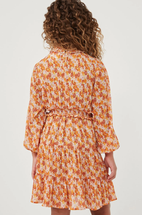 Girls Floral Print Smocked Detail Puff Sleeve Dress