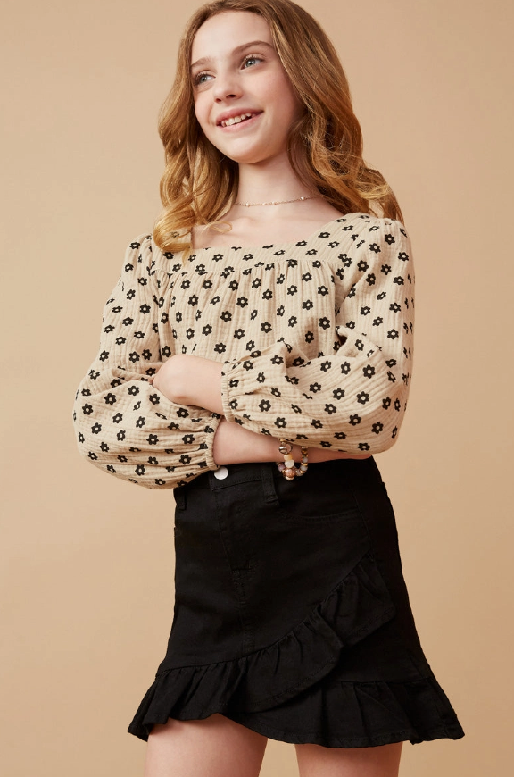 Girls Floral Print Textured Square Neck Top