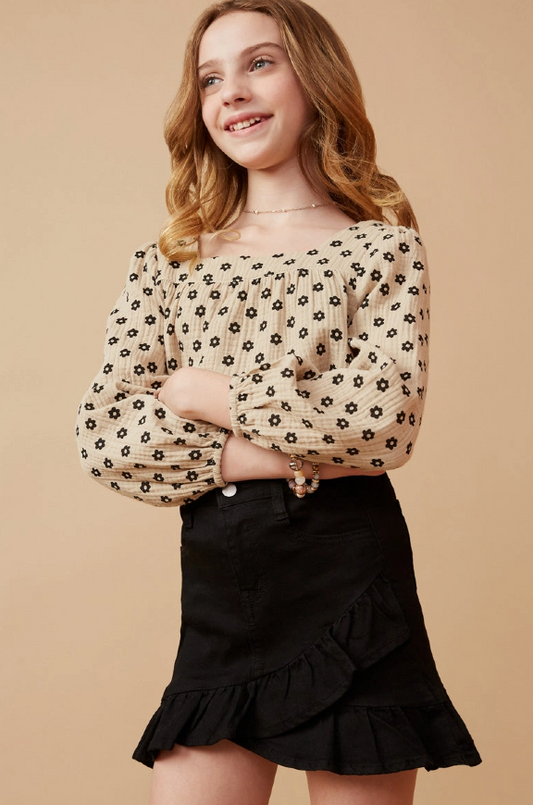 Girls Floral Print Textured Square Neck Top