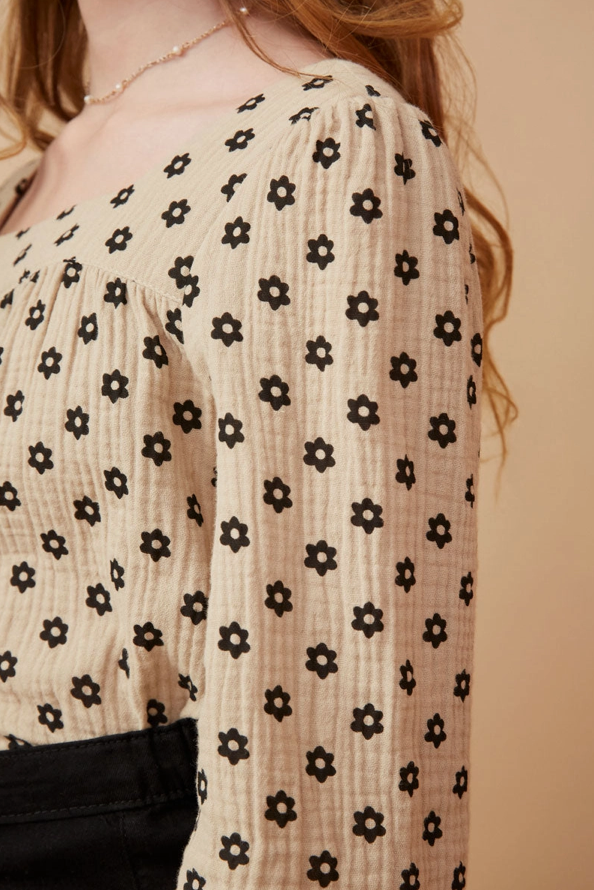 Girls Floral Print Textured Square Neck Top