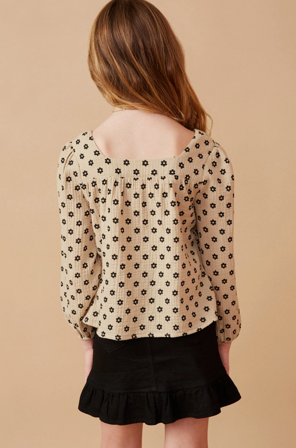 Girls Floral Print Textured Square Neck Top