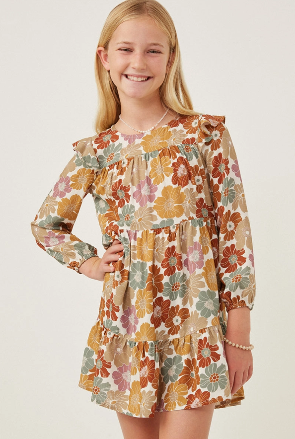 Girls Mixed Floral Print Ruffle Shoulder Dress
