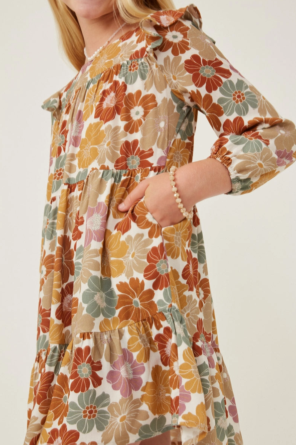 Girls Mixed Floral Print Ruffle Shoulder Dress