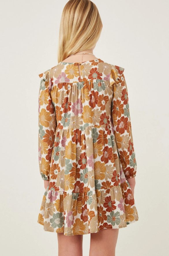 Girls Mixed Floral Print Ruffle Shoulder Dress