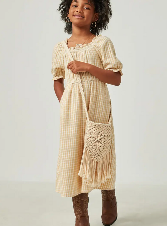 Girls Smocked Puff Sleeve Textured Checkered Dress