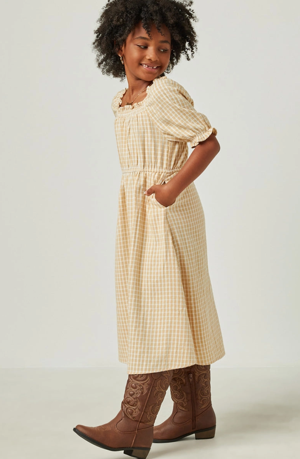 Girls Smocked Puff Sleeve Textured Checkered Dress
