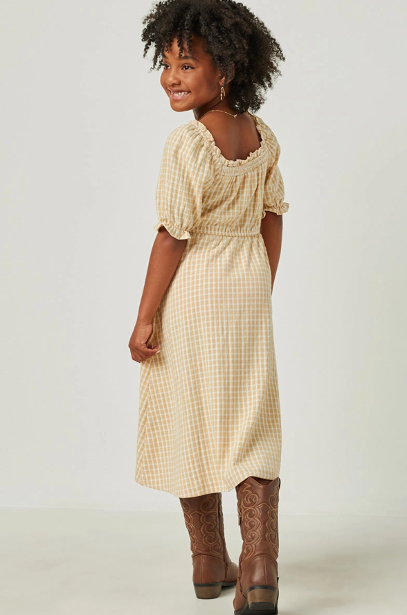 Girls Smocked Puff Sleeve Textured Checkered Dress