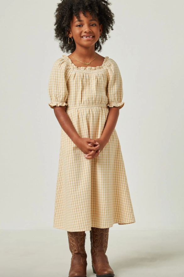 Girls Smocked Puff Sleeve Textured Checkered Dress