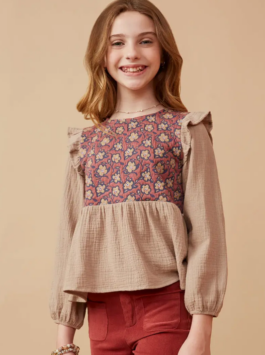 Girls Textured Floral Panel Mix Media Ruffled Top