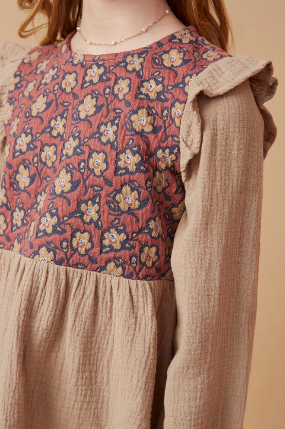 Girls Textured Floral Panel Mix Media Ruffled Top