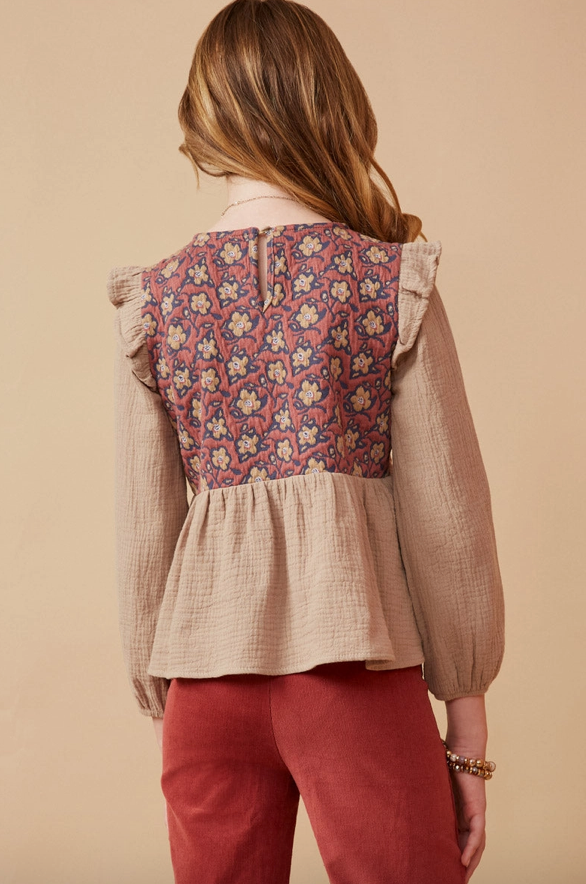 Girls Textured Floral Panel Mix Media Ruffled Top