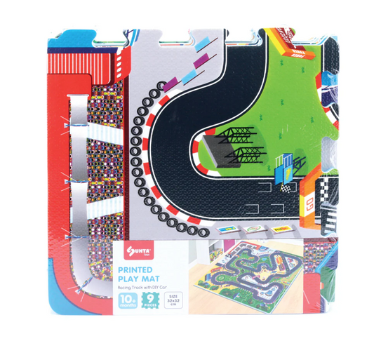 The Triaction Race Car & Race Track Play Mat is a colorful puzzle-piece mat with curves, starting lines, and green areas. The packaging displays an illustrated mat and a playroom setup.
