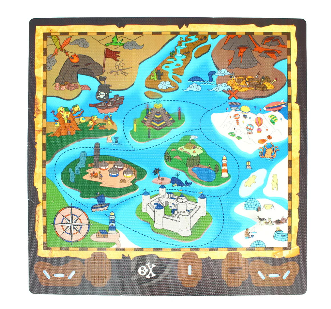 The Triaction Pirate Ship & Map Play Mat is a colorful illustrated mat with islands featuring castles, volcanoes, pyramids, teepees, plus surrounding water with ships, sea creatures, and a pirate symbol at the bottom.