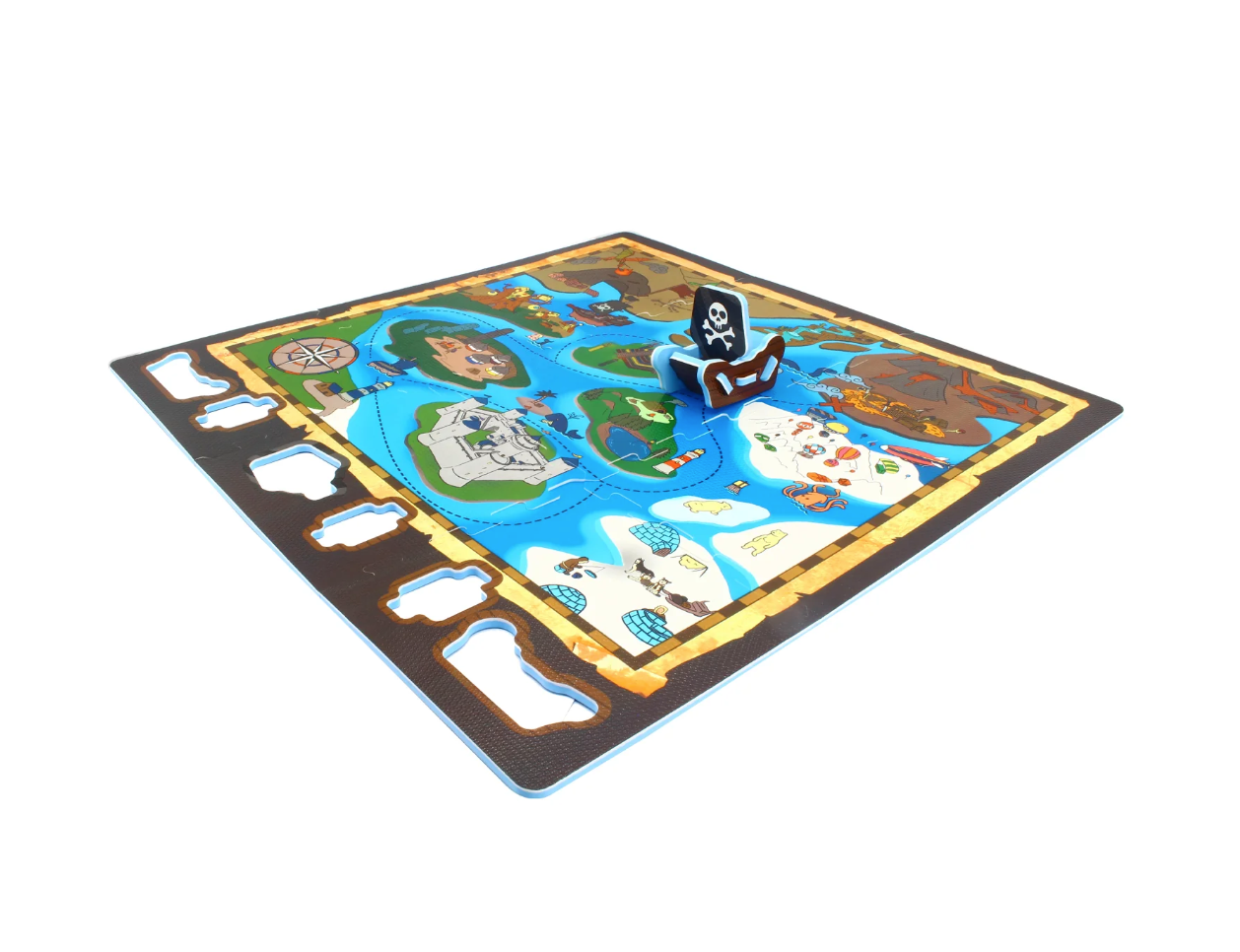 The Triaction Pirate Ship & Map Play Mat features a pirate ship, islands, treasure, sea creatures, piece slots in the border, and a compass design in the corner for imaginative play.
