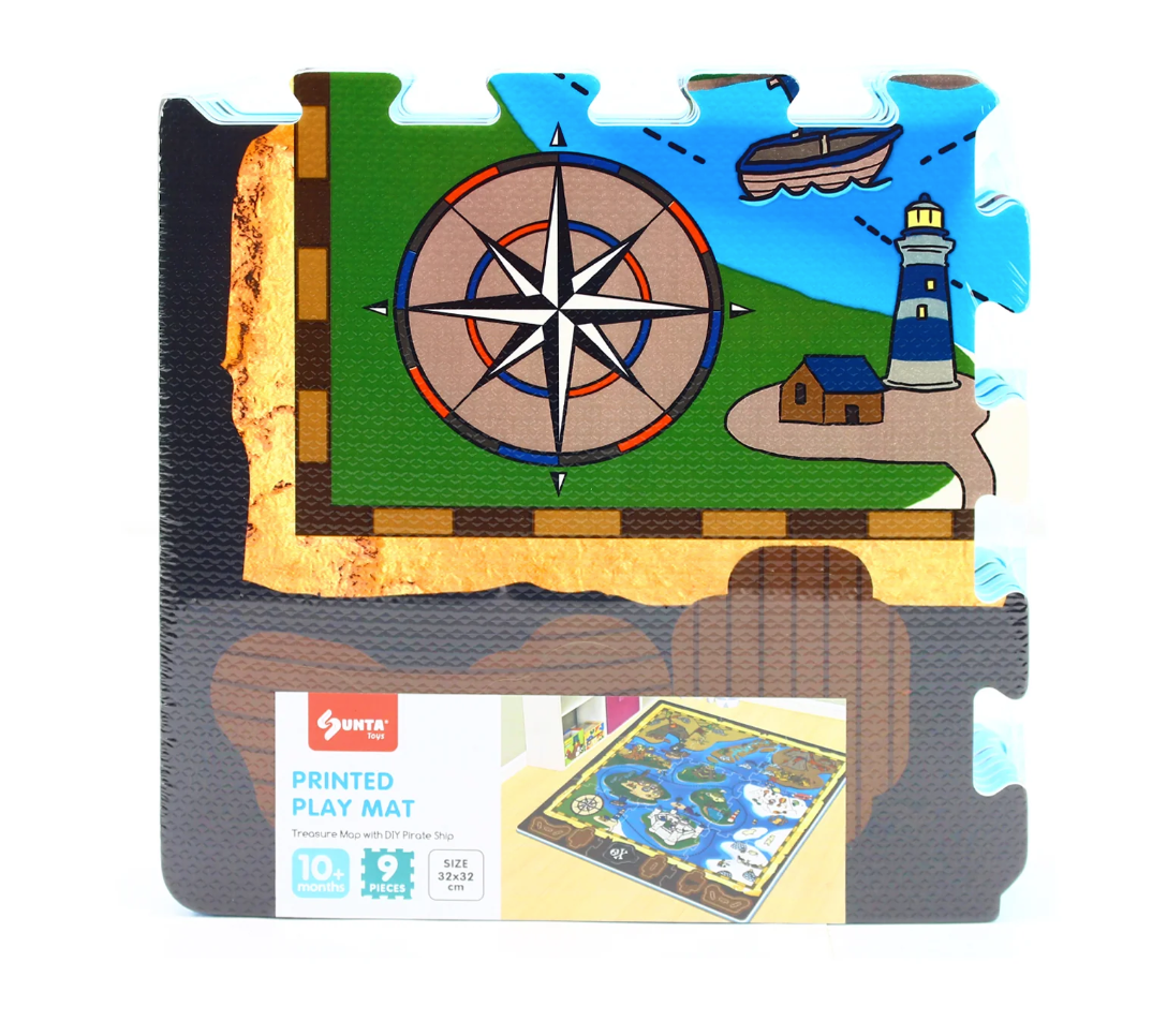The Triaction Pirate Ship & Map Play Mat is a 10-piece foam set with a treasure map design showing a compass, lighthouse, ship, and coastline. The packaging displays the full mat's map illustrations.
