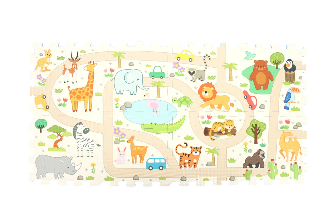 The Triaction Safari Play Mat features a vibrant safari scene with illustrated animals like giraffe, elephant, lion, zebra, rhino, bear, and tiger, plus winding roads, cars, trees and a pond for playful adventures.