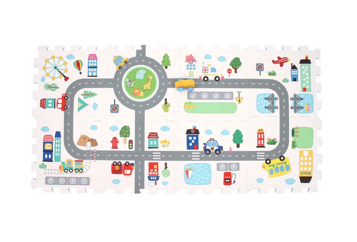 The Triaction Around The Town Play Mat is a colorful foam mat with city roads, cars, buses, buildings, trees, ponds, playgrounds, and animals—perfect for kids to use with toy vehicles.