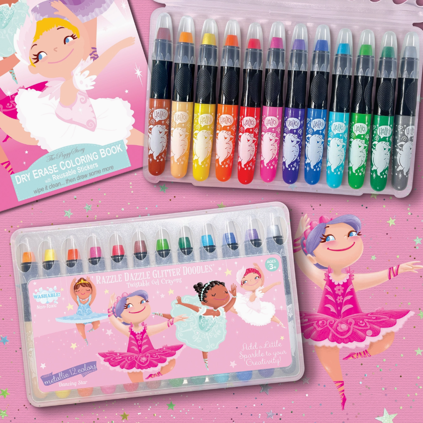 The Piggy Store's Twistable Gel Crayons - Dancing Star includes glittery crayons and a dry erase coloring book with pink and purple ballerinas. The packaging displays smiling ballerinas in assorted poses.