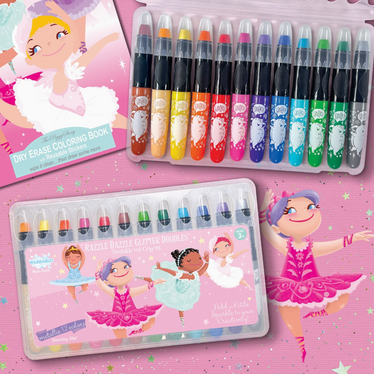 The Piggy Store's Twistable Gel Crayons - Dancing Star includes glittery crayons and a dry erase coloring book with pink and purple ballerinas. The packaging displays smiling ballerinas in assorted poses.