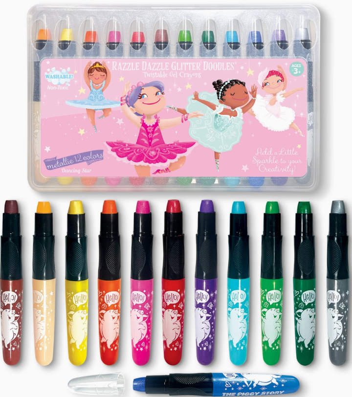 The Piggy Store’s Twistable Gel Crayons - Dancing Star includes 12 glitter gel crayons beneath a plastic case with four diverse ballerinas. One blue crayon is uncapped and displayed in front.