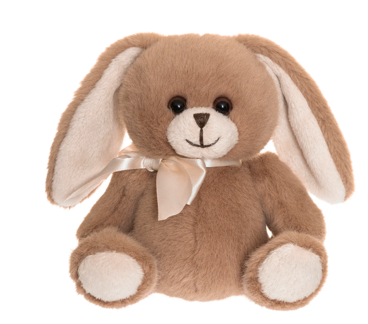 The Triaction Teddy Besties Companion is a soft brown plush bunny with white inner ears, paws, and snout, black button eyes, and a beige ribbon bow around its neck, sitting upright against a white background.