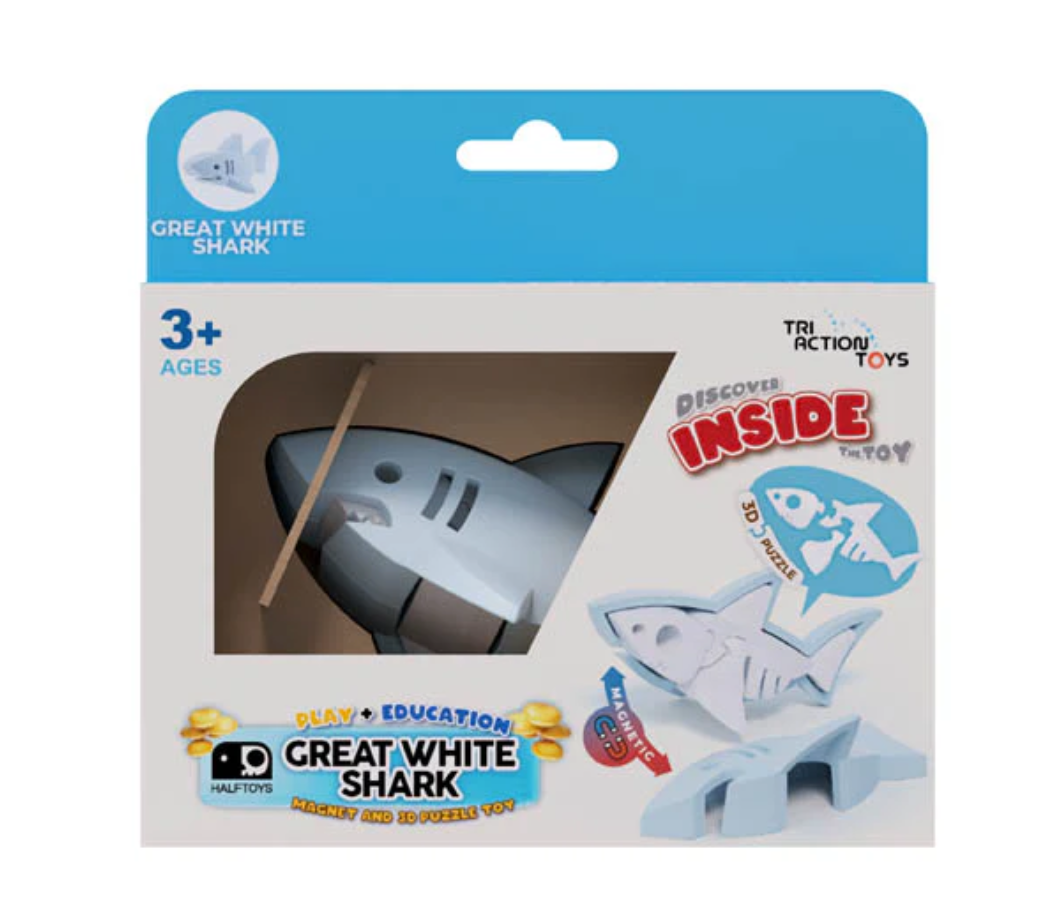 Triaction’s STEM Magnetic Puzzle Toys, a Great White Shark set for ages 3+, features a 3D puzzle and discover-inside activity in blue and beige packaging with shark illustrations.