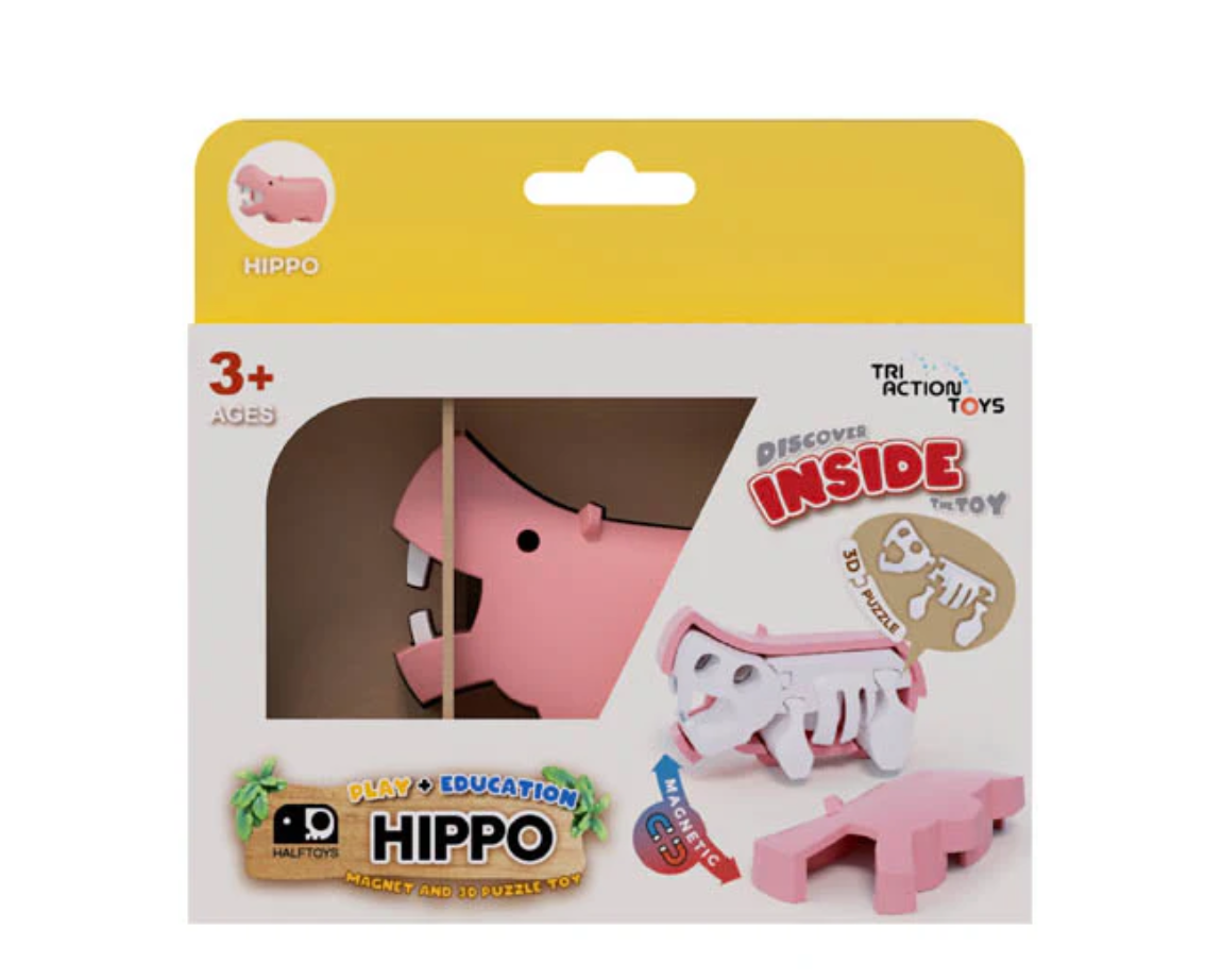 A Triaction STEM Magnetic Puzzle Toys package for ages 3+, featuring a pink hippo puzzle with removable pieces displaying its internal structure. The yellow and white box includes illustrations and educational information.