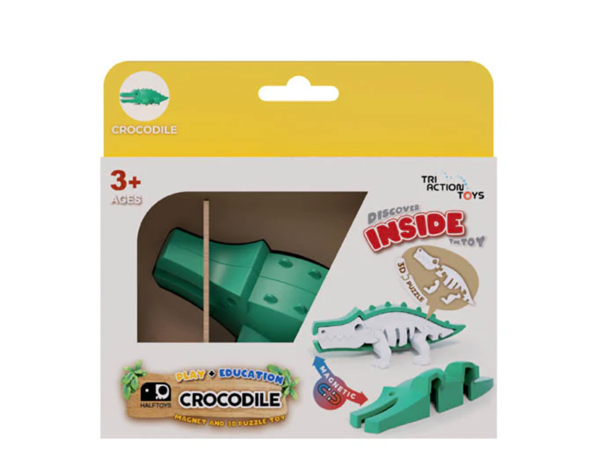The Triaction STEM Magnetic Puzzle Toys set, for ages 3+, features a green and white crocodile model with removable pieces. Box highlights “Discover Inside the Toy” with play and education icons on the packaging.