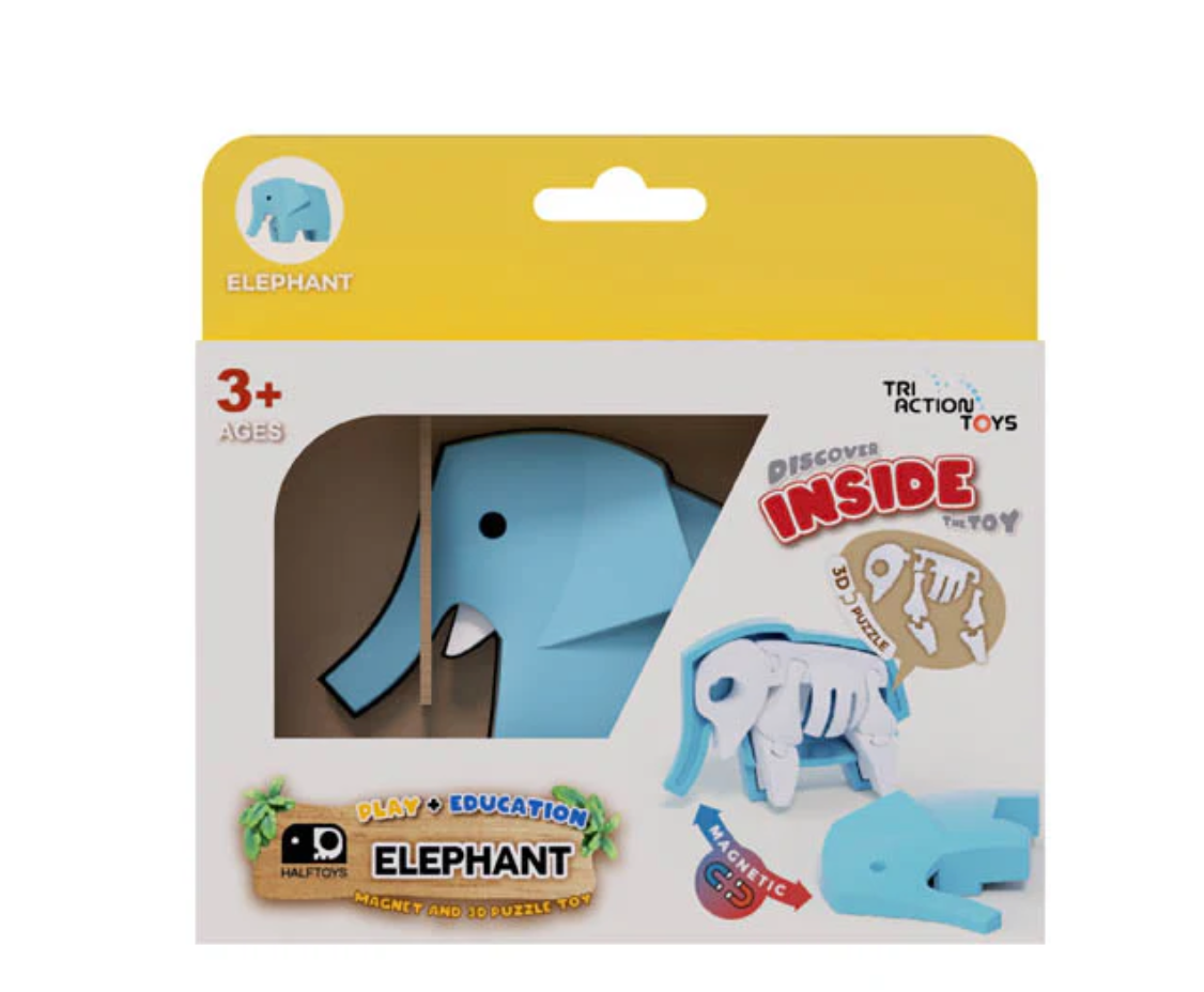 The Triaction STEM Magnetic Puzzle Toys package for ages 3+ shows a blue elephant puzzle with removable skeleton pieces, featuring images of the toy fully assembled and partially disassembled to reveal its inner skeleton.