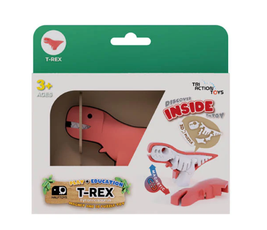Triaction’s STEM Magnetic Puzzle Toys for ages 3+ come in a box featuring a pink T-Rex with visible skeleton puzzle pieces inside, designed for fun and educational play.