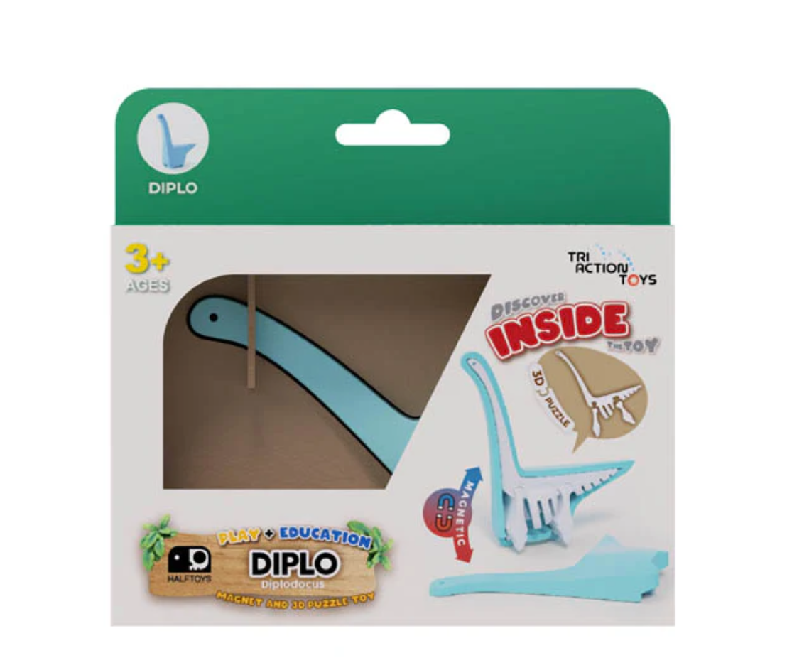 A toy set for ages 3+, the STEM Magnetic Puzzle Toys by Triaction features a blue dinosaur named DIPLO. The package displays DIPLO’s head in a window and images of the magnetic puzzle both unassembled and assembled as a dinosaur.