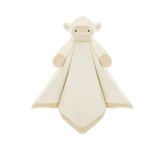 The Triaction Snuggle Plush Blankey is a soft, cream-colored security blanket featuring a plush lamb’s head and arms at the top with a flat, blanket-like body.