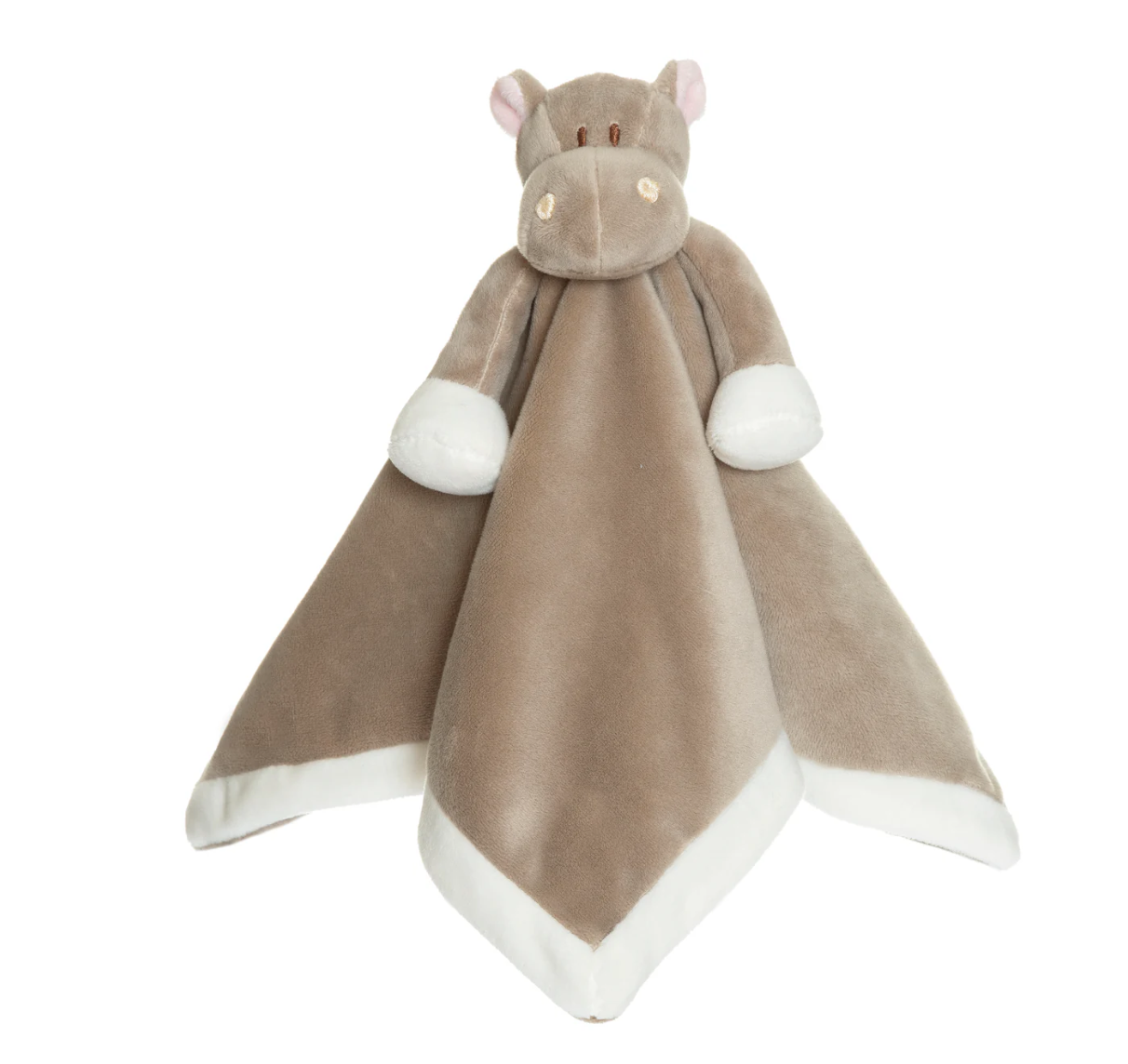 The Triaction Snuggle Plush Blankey is a soft brown and white security blanket with a hippopotamus head and arms at the center, light pink ears, and embroidered facial details.