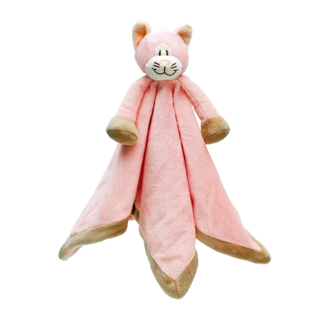The Triaction Snuggle Plush Blankey is a soft pink cat security blanket with a smiling face, floppy arms, and brown paw and corner accents, shown spread out on a white background.