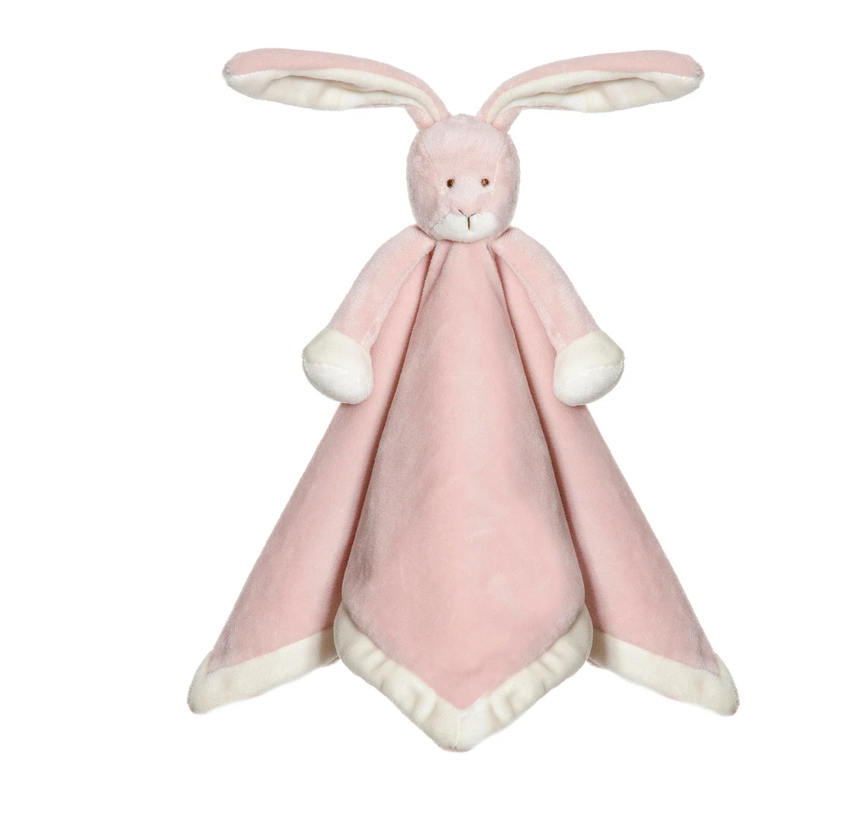 The Triaction Snuggle Plush Blankey is a soft pink security blanket with a plush bunny head, long ears, white paws, and satin-edged trim.