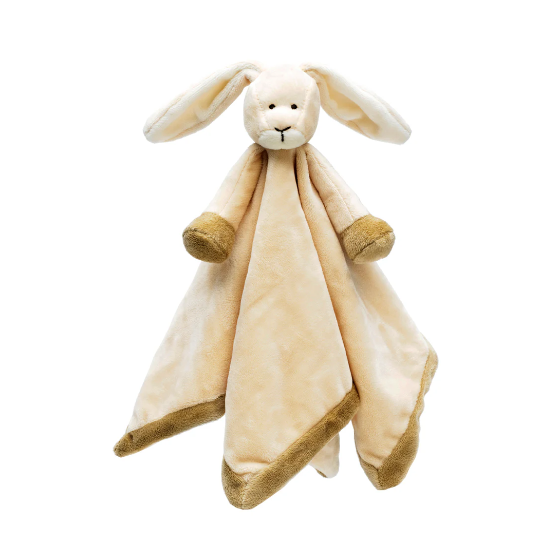 The Triaction Snuggle Plush Blankey is a bunny-shaped security blanket with floppy ears, a stitched face, and brown accents on the paws and edges, shown against a white background.