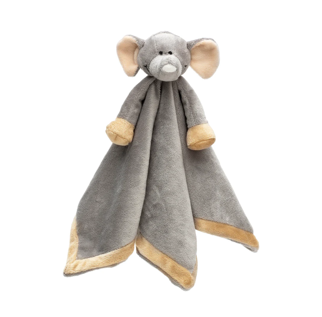 The Triaction Snuggle Plush Blankey is a soft, gray security blanket featuring an attached elephant head with large ears, trunk, beige ear and cuff details, arms, and beige edging.