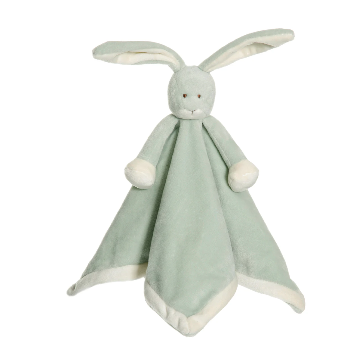 The Triaction Snuggle Plush Blankey is a soft, light green bunny security blanket with floppy ears, a round stuffed head, and white accents on the paws, ears, and trim.