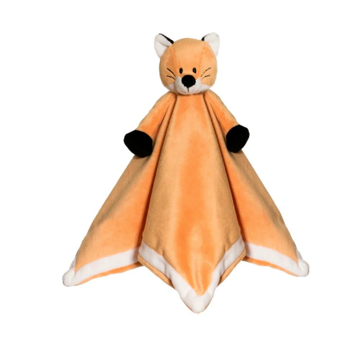 The Triaction Snuggle Plush Blankey is a soft orange security blanket featuring a fox head with black ears, white facial details, a white-trimmed edge, and black-tipped paws.