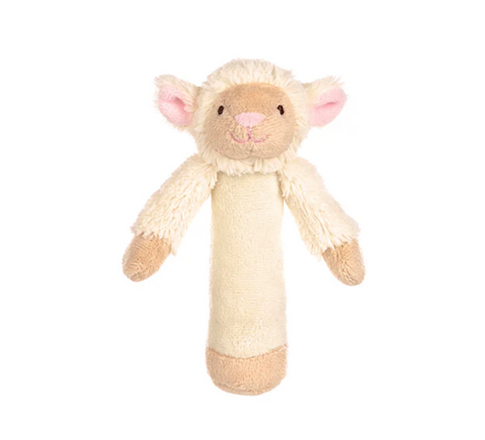 The Triaction Lamb Rattle features a plush beige body, light brown feet, pink-lined ears, a smiling face with stitched details, and is displayed against a white background.