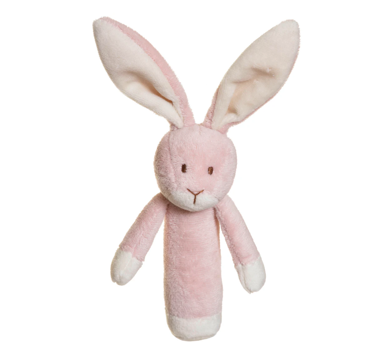 The Triaction Pink Bunny Rattle is a soft, pink plush with long upright ears and white accents on its paws, feet, and inner ears. It features stitched eyes and mouth and is displayed against a white background.