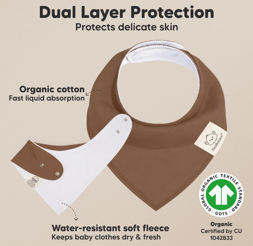 The keababies 8-pack Baby Bandana Bibs - Terracotta, crafted from GOTS-certified organic cotton and water-resistant fleece, feature dual-layer protection, quick liquid absorption, and are gentle on delicate skin.